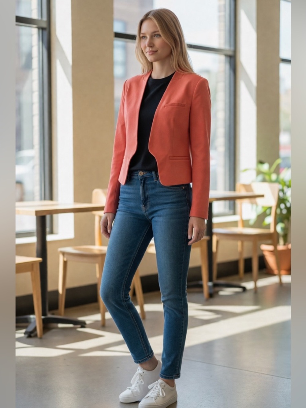 Aryn K Coral Cropped Open Front Blazer Lightweight Jacket